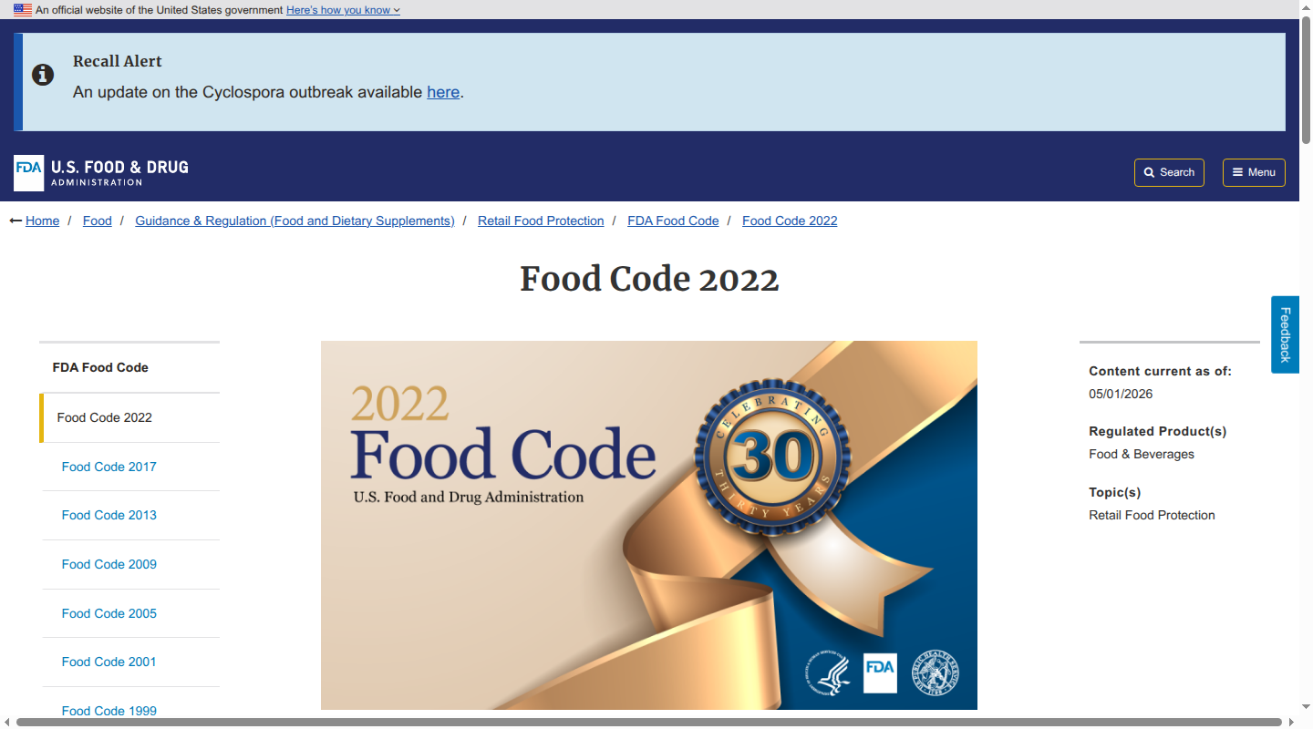 FDA Food Code 2022 page showing the current edition.