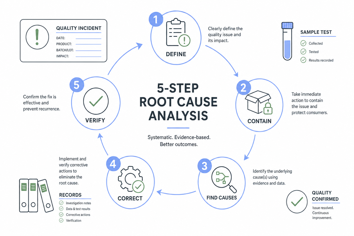 Five-step root cause analysis workflow from incident definition to verified corrective action.